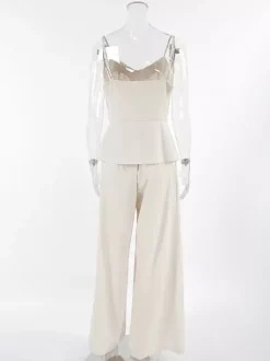 Ensemble 2 pièces pour femme : débardeur à bretelles spaghetti col en V et basque pantalon plissé taille haute à jambes larges