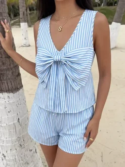 Ensemble 2 pièces pour femme : haut court sans manches à rayures verticales et col en V avec grand n艙ud et short élastique