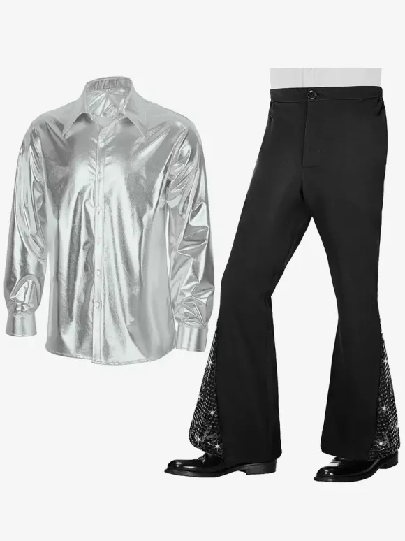 Ensemble 2 pièces pour homme chemise disco vintage brillante des années 70 et pantalon à pattes d'éléphant à paillettes style hippie rétro costumes de mec
