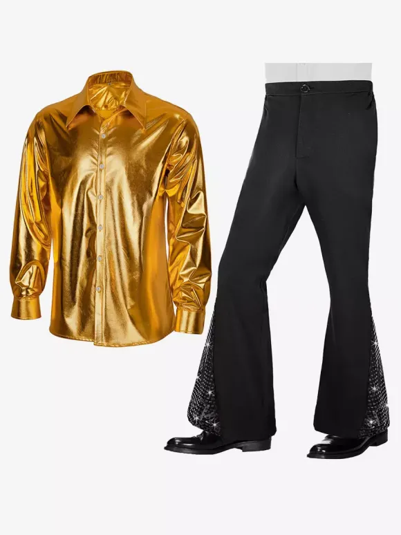 Ensemble 2 pièces pour homme chemise disco vintage brillante des années 70 et pantalon à pattes d'éléphant à paillettes style hippie rétro costumes de mec