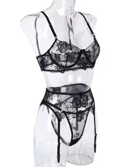 Ensemble 3 pièces soutien-gorge culotte brodés noirs sexy transparent