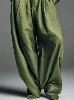 Ensemble 2 pièces vert olive pour femme - Chemise boutonnée et pantalon rétro taille haute à jambes larges - Tenue décontractée printemps 2026