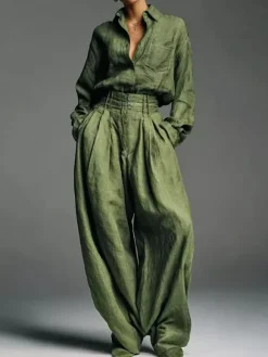 Ensemble 2 pièces vert olive pour femme - Chemise boutonnée et pantalon rétro taille haute à jambes larges - Tenue décontractée printemps 2026