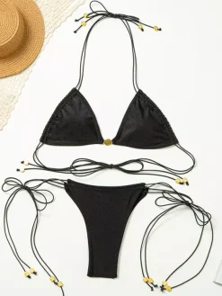 Ensemble bikini 2 pièces à cordon élastique de couleur unie pour l'été 2026