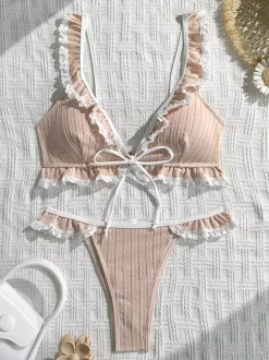 Ensemble bikini à volants pour femme - Maillot de bain deux pièces sexy style cottagecore avec bordure en dentelle - Vacances d'été à la plage 2026