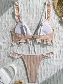 Ensemble bikini à volants pour femme - Maillot de bain deux pièces sexy style cottagecore avec bordure en dentelle - Vacances d'été à la plage 2026