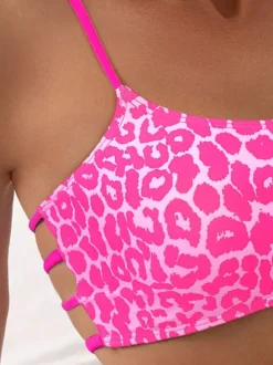 Ensemble bikini imprimé léopard pour femme - Maillot de bain 2 pièces à fines bretelles fluo décolleté rond et bas échancré sur les côtés - Collection été 2026
