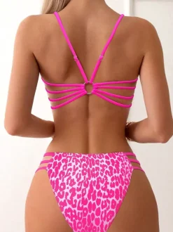 Ensemble bikini imprimé léopard pour femme - Maillot de bain 2 pièces à fines bretelles fluo décolleté rond et bas échancré sur les côtés - Collection été 2026