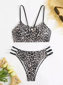 Ensemble bikini imprimé léopard pour femme - Maillot de bain 2 pièces à fines bretelles fluo décolleté rond et bas échancré sur les côtés - Collection été 2026