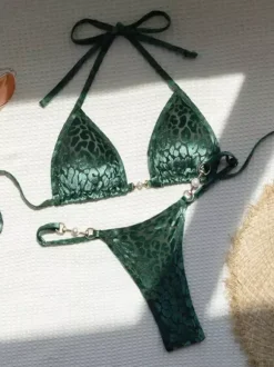 Ensemble bikini léopard pour femme - Haut string à col halter et perles - Idéal pour une pool party estivale sur un yacht (2026)