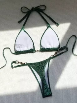 Ensemble bikini léopard pour femme - Haut string à col halter et perles - Idéal pour une pool party estivale sur un yacht (2026)