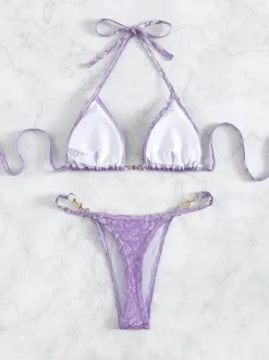Ensemble bikini léopard pour femme - Haut string à col halter et perles - Idéal pour une pool party estivale sur un yacht (2026)