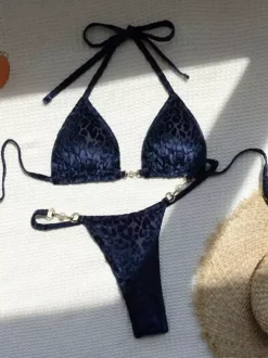 Ensemble bikini léopard pour femme - Haut string à col halter et perles - Idéal pour une pool party estivale sur un yacht (2026)