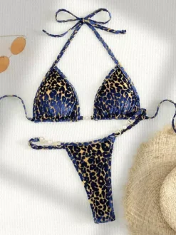 Ensemble bikini léopard pour femme - Haut string à col halter et perles - Idéal pour une pool party estivale sur un yacht (2026)