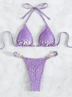 Ensemble bikini léopard pour femme - Haut string à col halter et perles - Idéal pour une pool party estivale sur un yacht (2026)
