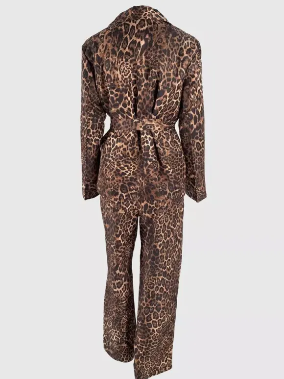 Ensemble blazer à imprimé léopard avec ceinture et pantalon large pour femme - Tailleur manches longues à revers cranté - Collection streetwear printemps 2026