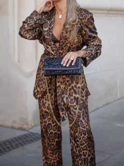 Ensemble blazer à imprimé léopard avec ceinture et pantalon large pour femme - Tailleur manches longues à revers cranté - Collection streetwear printemps 2026
