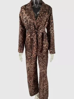 Ensemble blazer à imprimé léopard avec ceinture et pantalon large pour femme - Tailleur manches longues à revers cranté - Collection streetwear printemps 2026