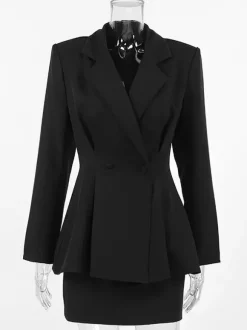 Ensemble blazer sablier pour femme - Tailleur péplum noir style vintage avec mini-jupe - Tenue de travail printemps 2026