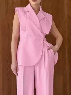 Ensemble blazer sans manches pour femme style business casual - Rose chic croisé coupe cintrée - Tenue de travail été 2026