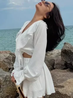 Ensemble bohème à volants 2 pièces pour femme - Haut court à manches longues et n艙ud sur le devant et short - Tenue de vacances d'été à la plage 2026