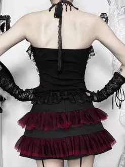 Ensemble caraco gothique Lolita en dentelle et jupe courte en maille costume de cosplay d'Halloween Dark Series