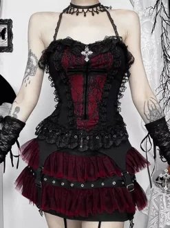 Ensemble caraco gothique Lolita en dentelle et jupe courte en maille costume de cosplay d'Halloween Dark Series