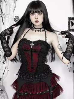 Ensemble caraco gothique Lolita en dentelle et jupe courte en maille costume de cosplay d'Halloween Dark Series