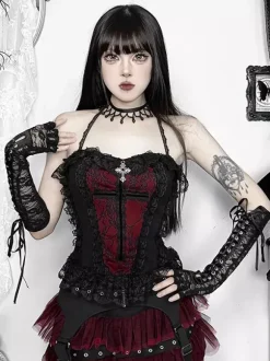 Ensemble caraco gothique Lolita en dentelle et jupe courte en maille costume de cosplay d'Halloween Dark Series