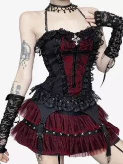 Ensemble caraco gothique Lolita en dentelle et jupe courte en maille costume de cosplay d'Halloween Dark Series