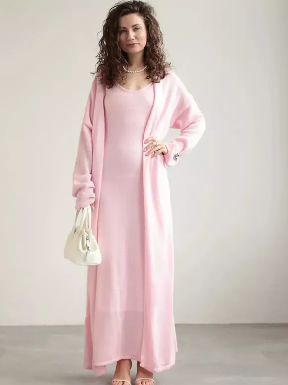 Ensemble coordonné 3 pièces en maille : robe maxi cardigan long et robe nuisette pour femme (collection 2026)