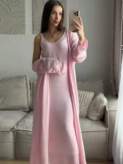 Ensemble coordonné 3 pièces en maille : robe maxi cardigan long et robe nuisette pour femme (collection 2026)