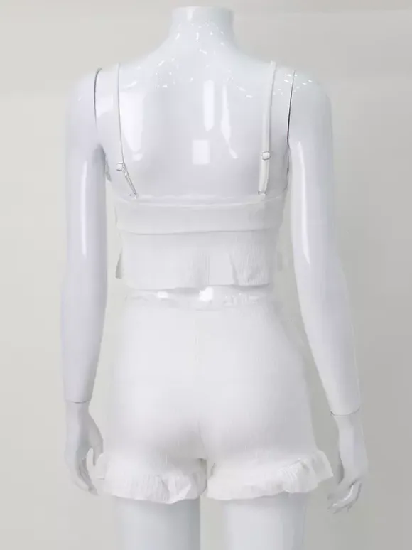 Ensemble Coquette 2 pièces à bordure en dentelle blanche pour femme - Débardeur short - Tenue décontractée d'été pour la plage 2026