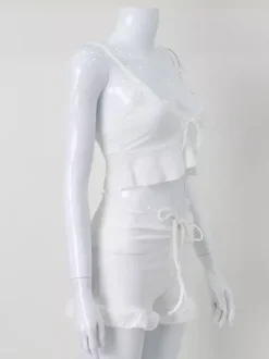 Ensemble Coquette 2 pièces à bordure en dentelle blanche pour femme - Débardeur short - Tenue décontractée d'été pour la plage 2026