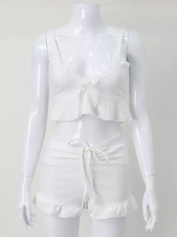 Ensemble Coquette 2 pièces à bordure en dentelle blanche pour femme - Débardeur short - Tenue décontractée d'été pour la plage 2026