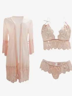 Ensemble de 3 pièces soutien-gorge culotte peignoir pyjama vêtements de nuit ceinture rouge lingerie d'intérieur