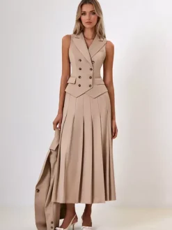 Ensemble de bureau deux pièces pour femme gilet croisé à revers et jupe longue plissée tenue d'été 2026