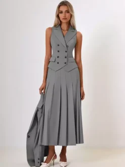 Ensemble de bureau deux pièces pour femme gilet croisé à revers et jupe longue plissée tenue d'été 2026