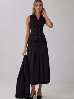 Ensemble de bureau deux pièces pour femme gilet croisé à revers et jupe longue plissée tenue d'été 2026