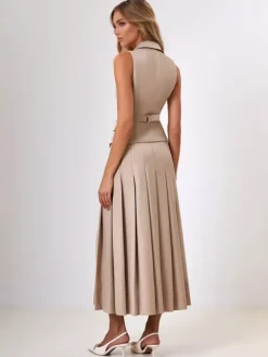 Ensemble de bureau deux pièces pour femme gilet croisé à revers et jupe longue plissée tenue d'été 2026