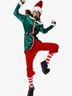 Ensemble De Costume De Noël Vert Rouge Cosplay Elfe 6 Pièces Déguisements Noël Top Ceinture Chapeau Choker Chaussette Pantalon