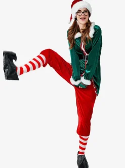 Ensemble De Costume De Noël Vert Rouge Cosplay Elfe 6 Pièces Déguisements Noël Top Ceinture Chapeau Choker Chaussette Pantalon