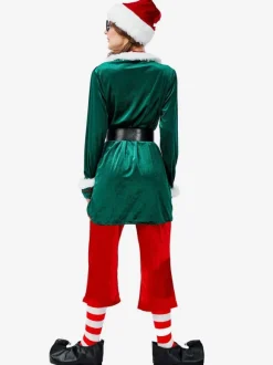 Ensemble De Costume De Noël Vert Rouge Cosplay Elfe 6 Pièces Déguisements Noël Top Ceinture Chapeau Choker Chaussette Pantalon