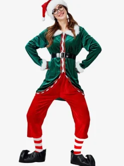 Ensemble De Costume De Noël Vert Rouge Cosplay Elfe 6 Pièces Déguisements Noël Top Ceinture Chapeau Choker Chaussette Pantalon