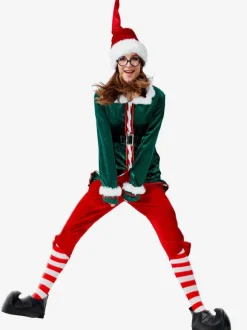 Ensemble De Costume De Noël Vert Rouge Cosplay Elfe 6 Pièces Déguisements Noël Top Ceinture Chapeau Choker Chaussette Pantalon