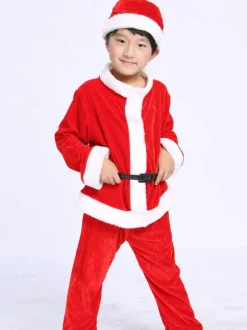 Ensemble De Costumes De Père Noël Cosplay Unisexe En Fibre De Polyester Rouge Bloc De Couleur Costumes Cadeaux Noël
