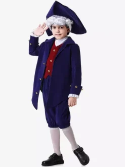 Ensemble de costumes de vacances rétro pour enfants bleu foncé avec pantalon et chapeau