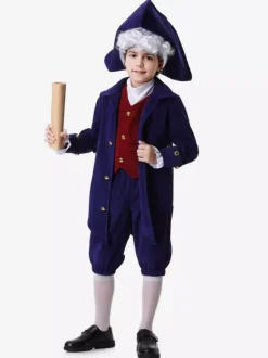 Ensemble de costumes de vacances rétro pour enfants bleu foncé avec pantalon et chapeau