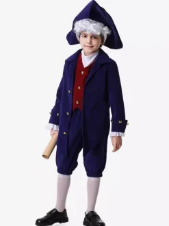 Ensemble de costumes de vacances rétro pour enfants bleu foncé avec pantalon et chapeau
