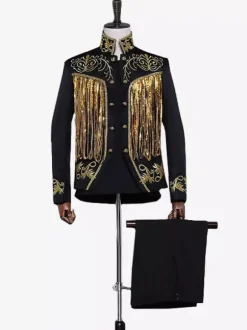 Ensemble de costumes rétro pour homme noir vintage boutons franges manches longues
